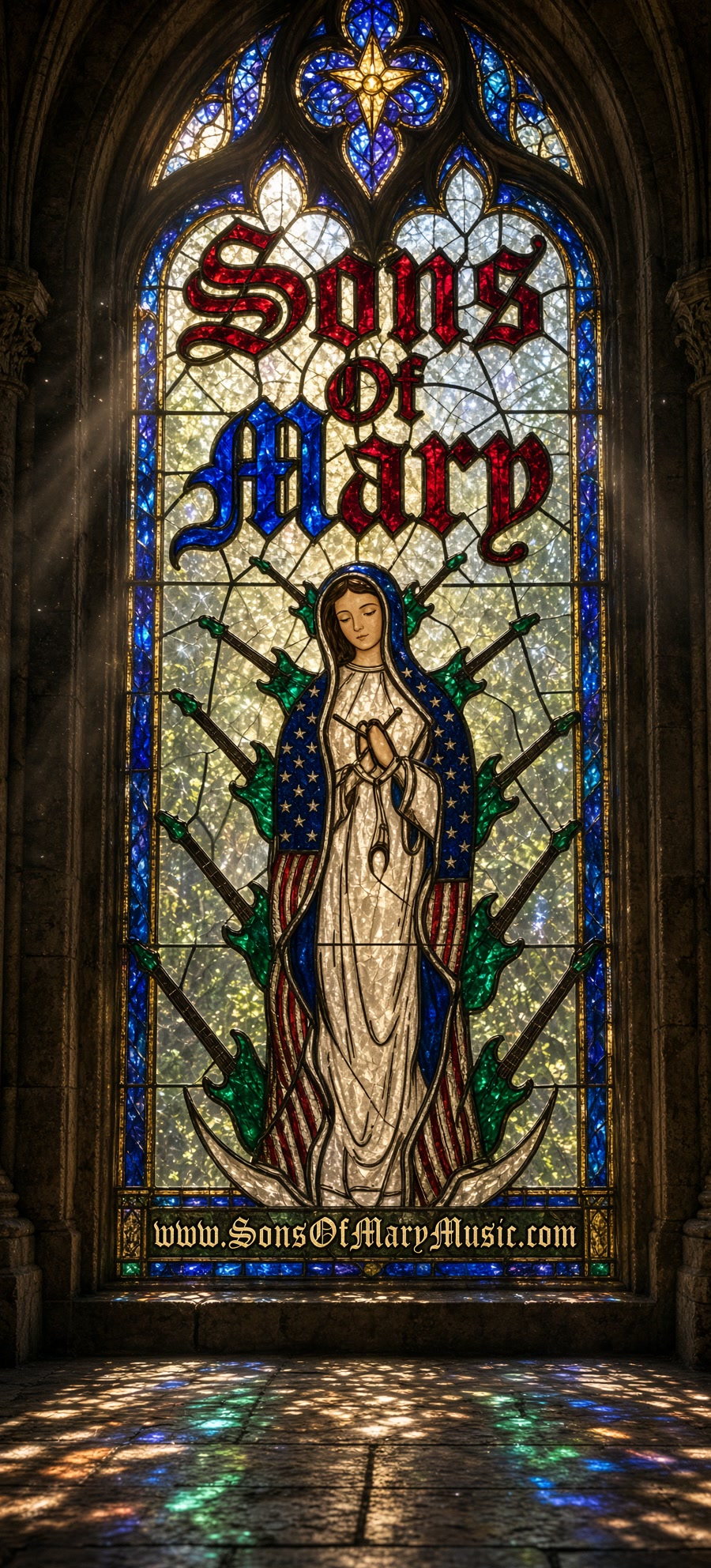 Stained-glass window in a stone arch: the Virgin Mary in a white gown and a star-spangled blue cloak lined with red and white stripes, praying hands holding drumsticks, seven green electric guitars fanned behind her like a halo, a crescent moon at her feet. The title Sons Of Mary sits across the top and www.SonsOfMaryMusic.com across the bottom